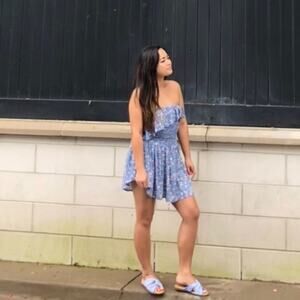 Blue Life Blue Pink Floral Ruffle One Shoulder Short Lined Mini Dress XS